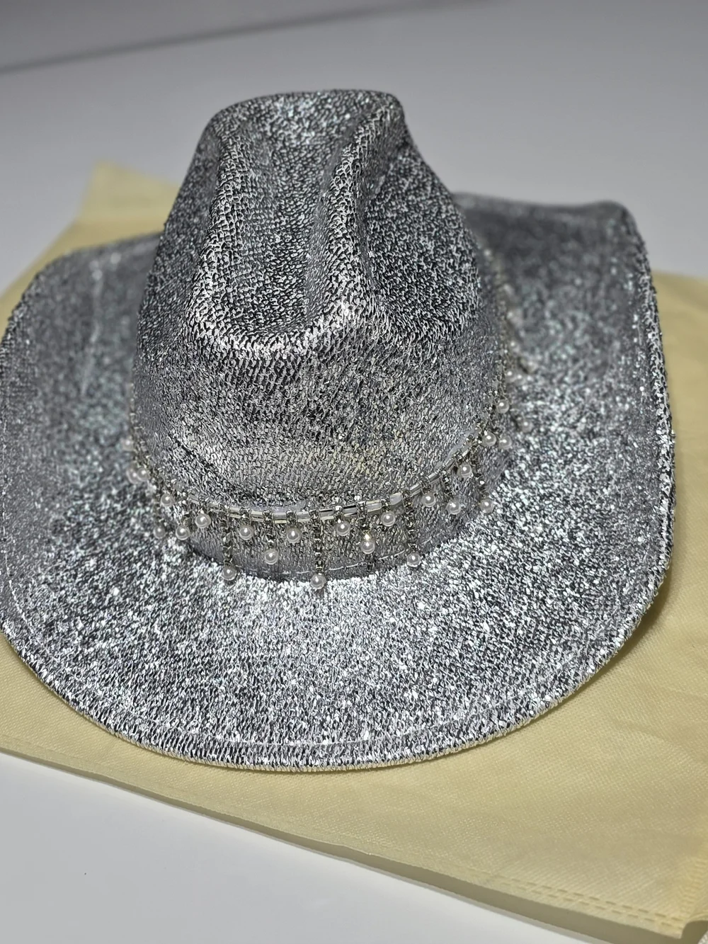Silver Sequin Cowboy Hat with Pearl Trim - Women Accessories